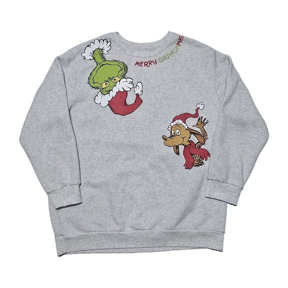 Dr. Seuss Women's 1X Grinch and Max Fleece Crewneck Gray Sweatshirt Merry Grinch